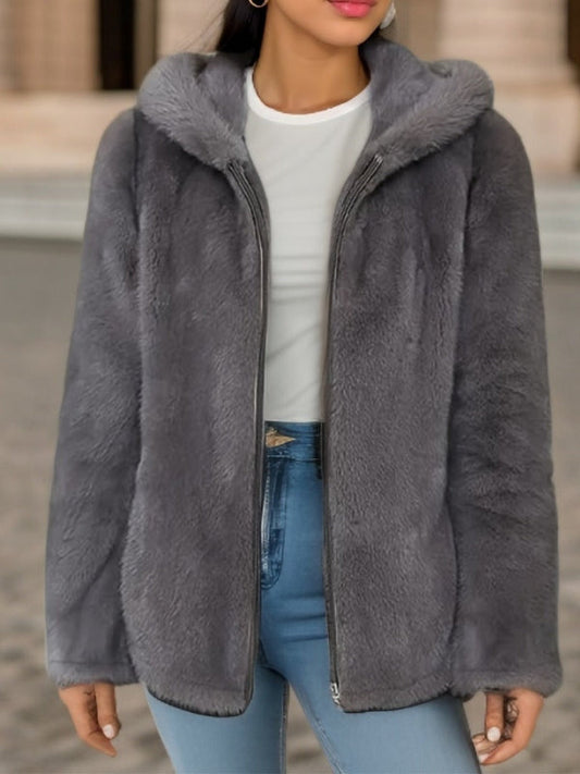 Damenjacke mit Reißverschluss – Kunstpelz – Sherpa-Futter – Kapuze – Lockere Passform
