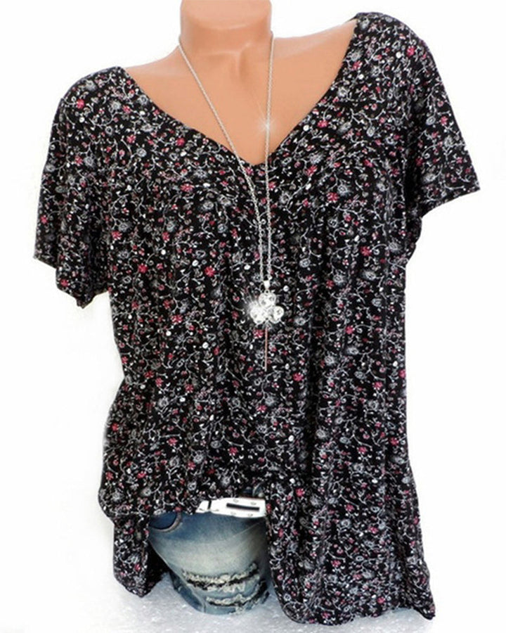 Dina | Damen Bluse mit Blumenmuster und Kurzen Ärmeln | V-Ausschnitt 0