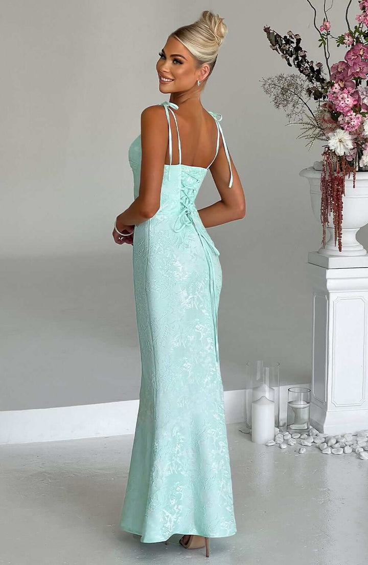Elegantes Maxikleid mit Wasserfallausschnitt, Bindebändern und Schnürverschluss am Rücken 7