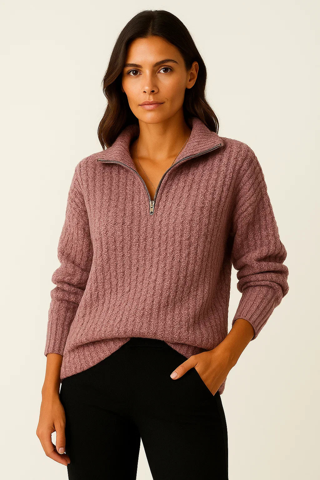 Gerippter Strickpullover mit hohem Kragen und Reißverschluss 