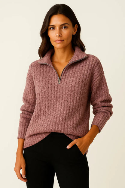 Gerippter Strickpullover mit hohem Kragen und Reißverschluss 