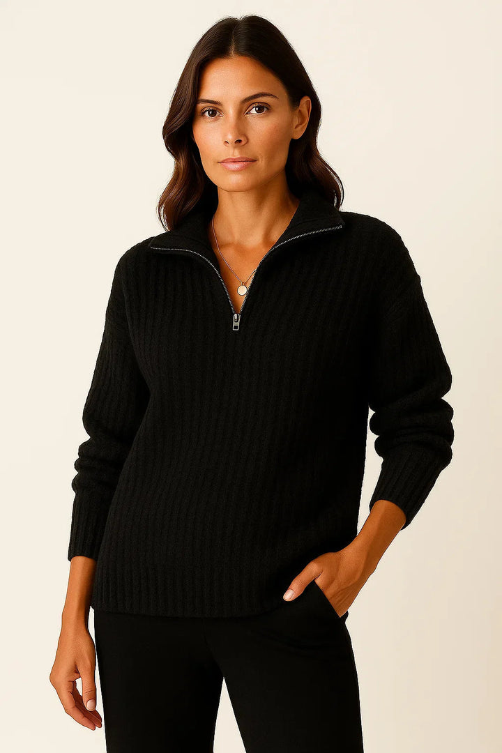 Gerippter Strickpullover mit hohem Kragen und Reißverschluss 