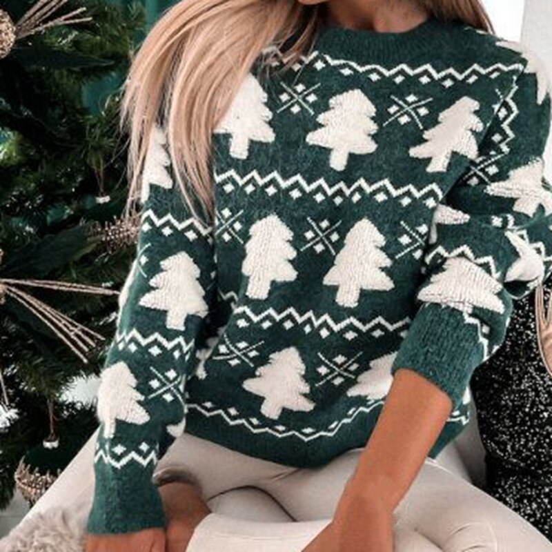 Gestrickter Weihnachtspullover mit weißem Weihnachtsbaummuster 1
