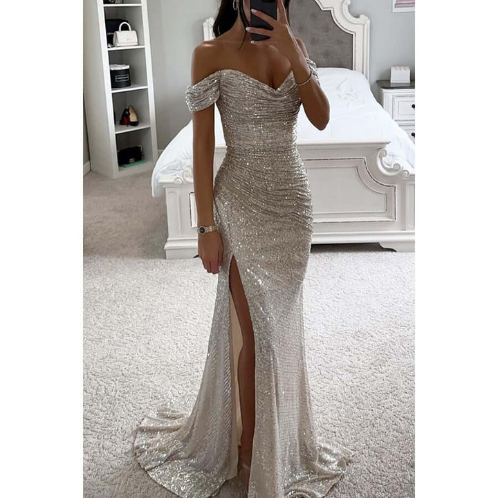 Glitzerndes schulterfreies Maxikleid mit herzförmigem Ausschnitt und Beinschlitz 8