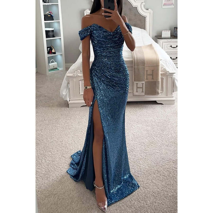 Glitzerndes schulterfreies Maxikleid mit herzförmigem Ausschnitt und Beinschlitz 9