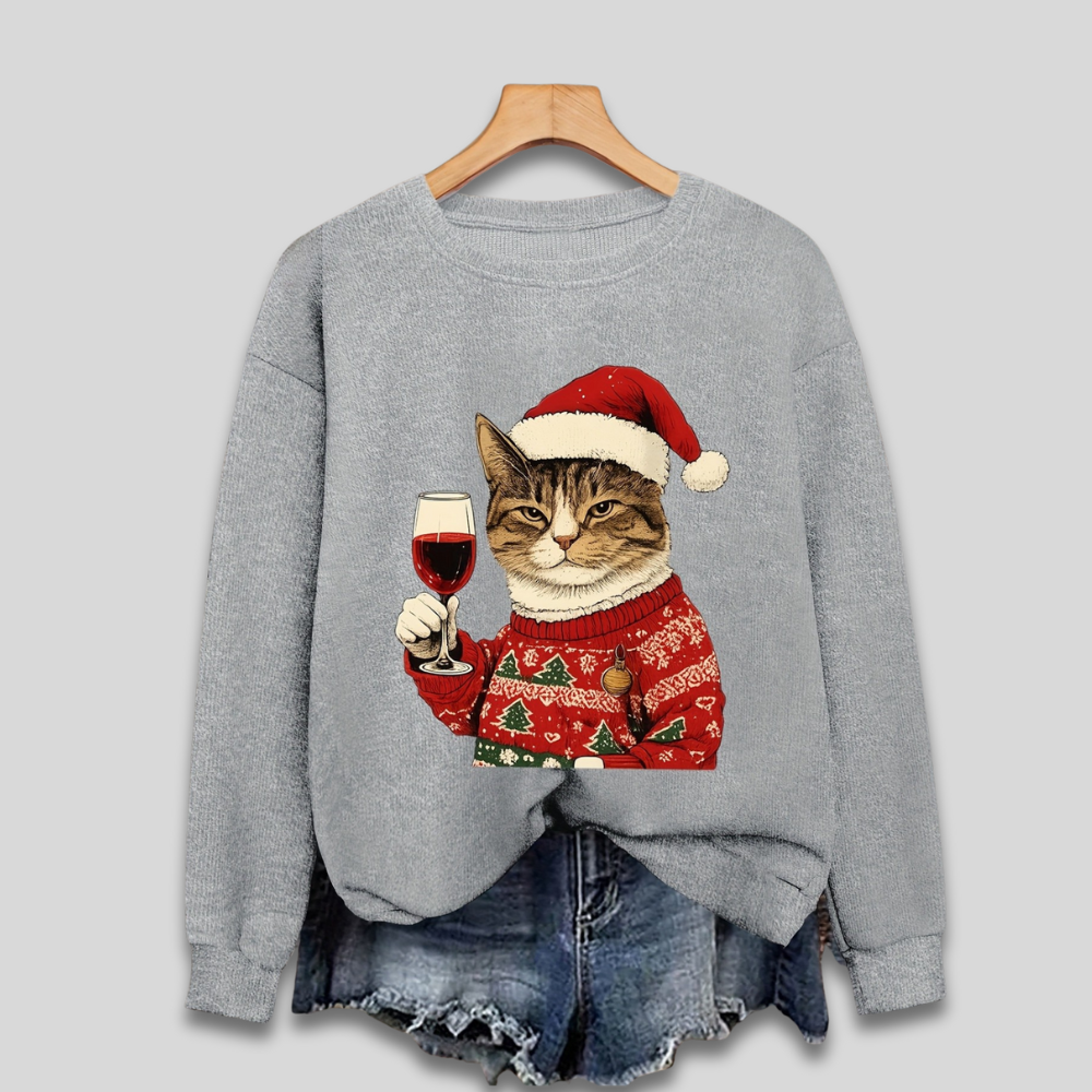 Hässlicher Weihnachtspullover für Damen – Lustiges Sweatshirt mit Katze und Weihnachtsmann 