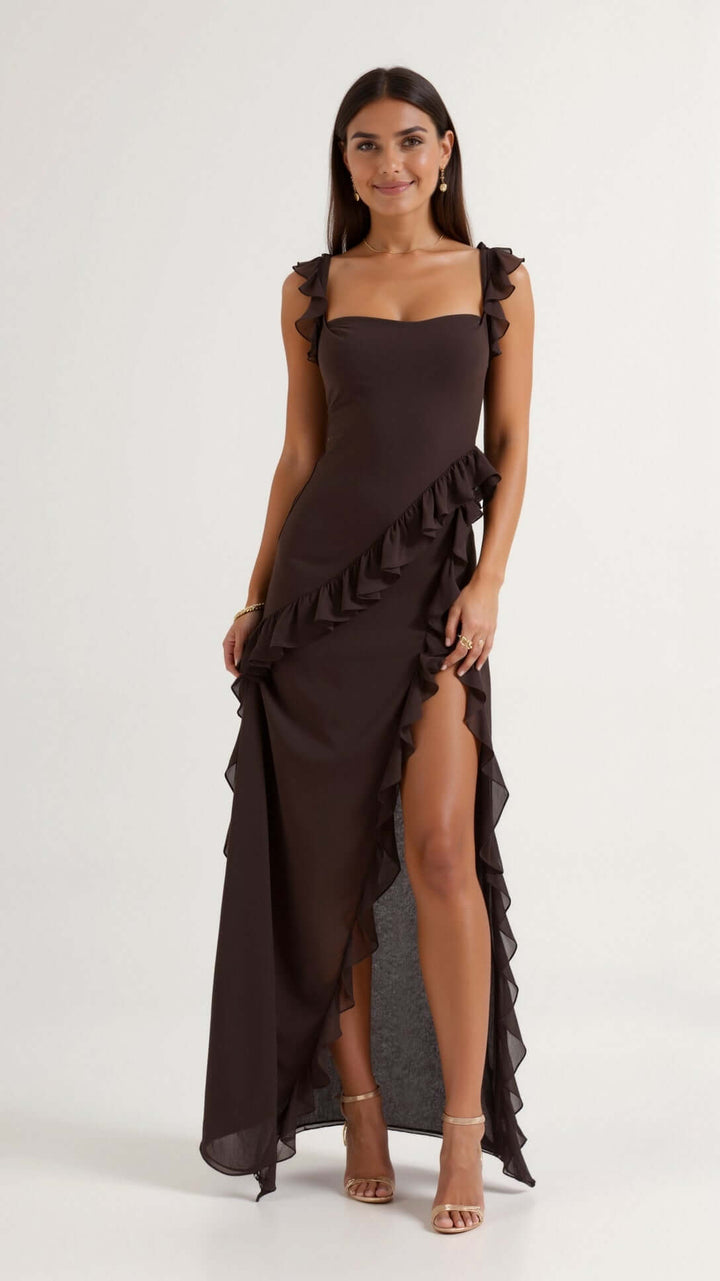 Maxikleid mit Rüschenträgern und asymmetrischer Wasserfallrüsche 0