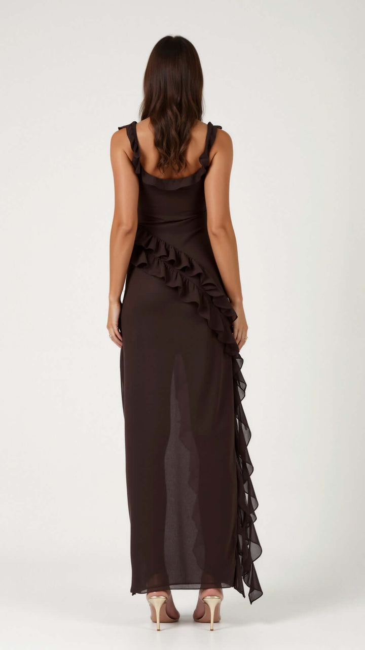Maxikleid mit Rüschenträgern und asymmetrischer Wasserfallrüsche 1