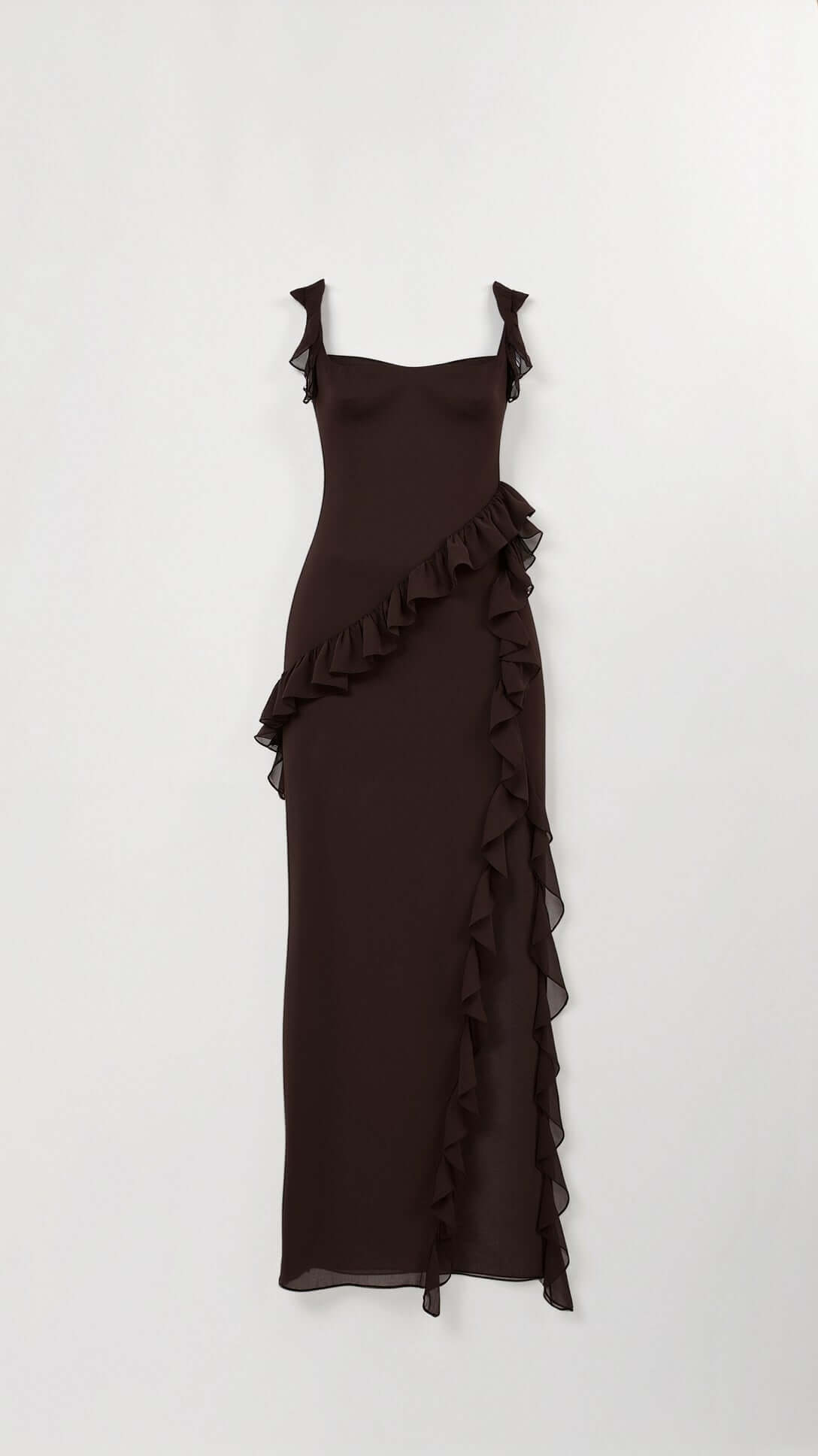 Maxikleid mit Rüschenträgern und asymmetrischer Wasserfallrüsche 2