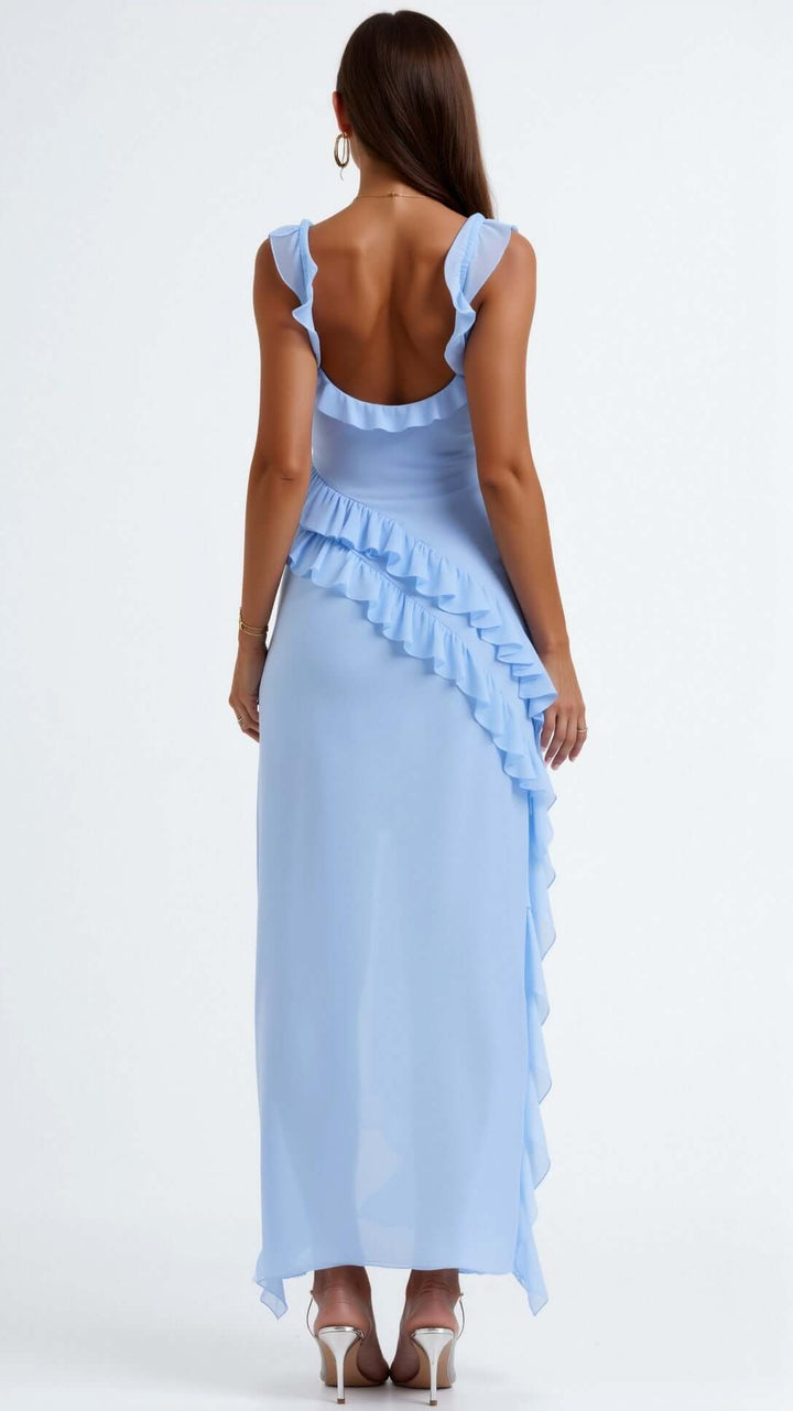 Maxikleid mit Rüschenträgern und asymmetrischer Wasserfallrüsche 4