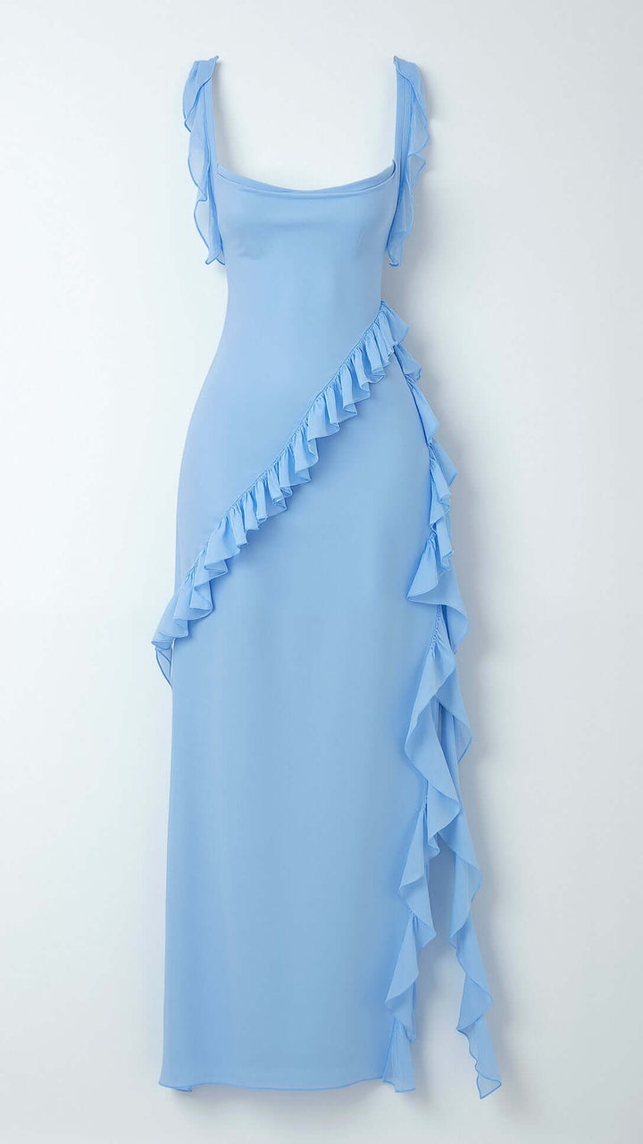 Maxikleid mit Rüschenträgern und asymmetrischer Wasserfallrüsche 5