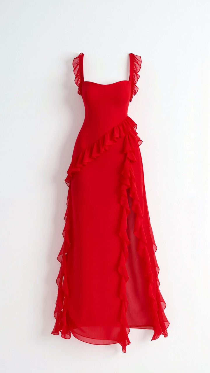 Maxikleid mit Rüschenträgern und asymmetrischer Wasserfallrüsche 8