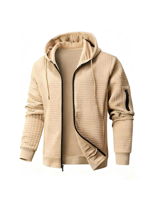 2025 European and American Men's Solid Color Lightweight Hooded Full-Zip Waffle Sweatshirt Casual Jacket