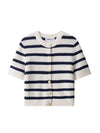 Damen Kurzarm Rundhals Knopf Strickjacke | Gestreift