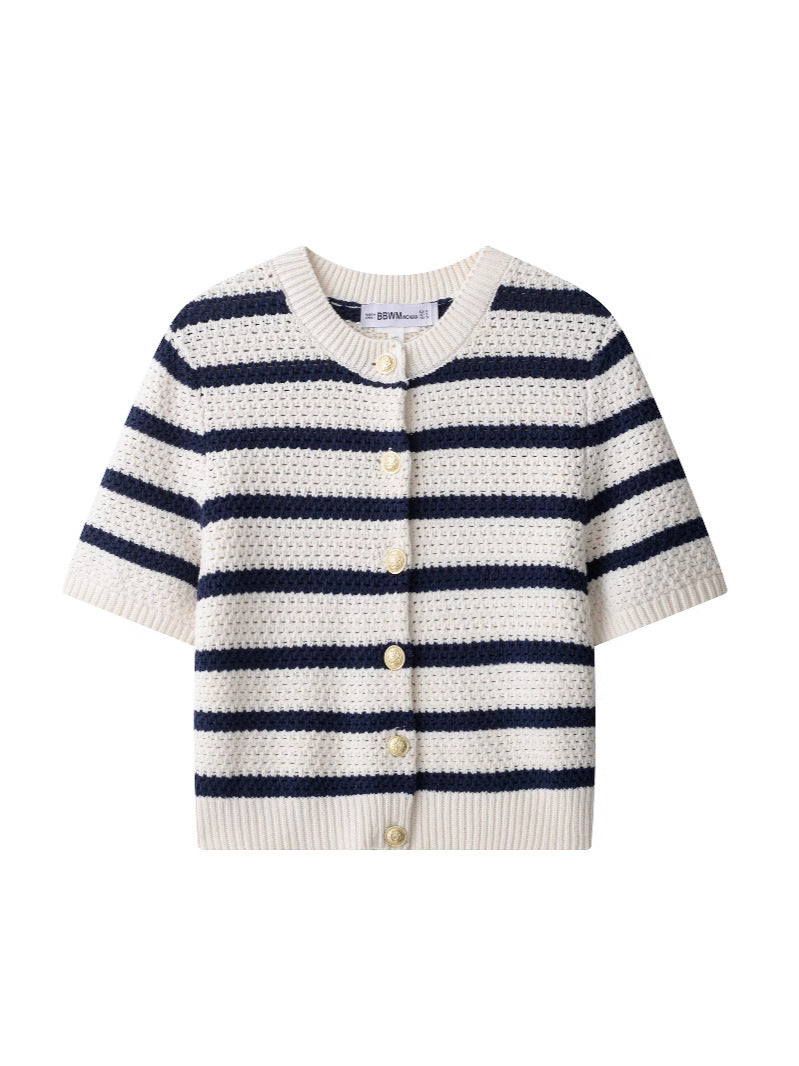 Damen Kurzarm Rundhals Knopf Strickjacke | Gestreift