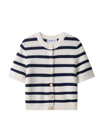 Damen Kurzarm Rundhals Knopf Strickjacke | Gestreift