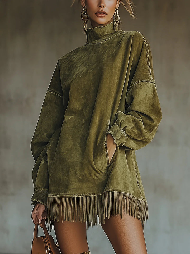 Gabriela | Women's Faux Suede High-Neck Fringe Dress