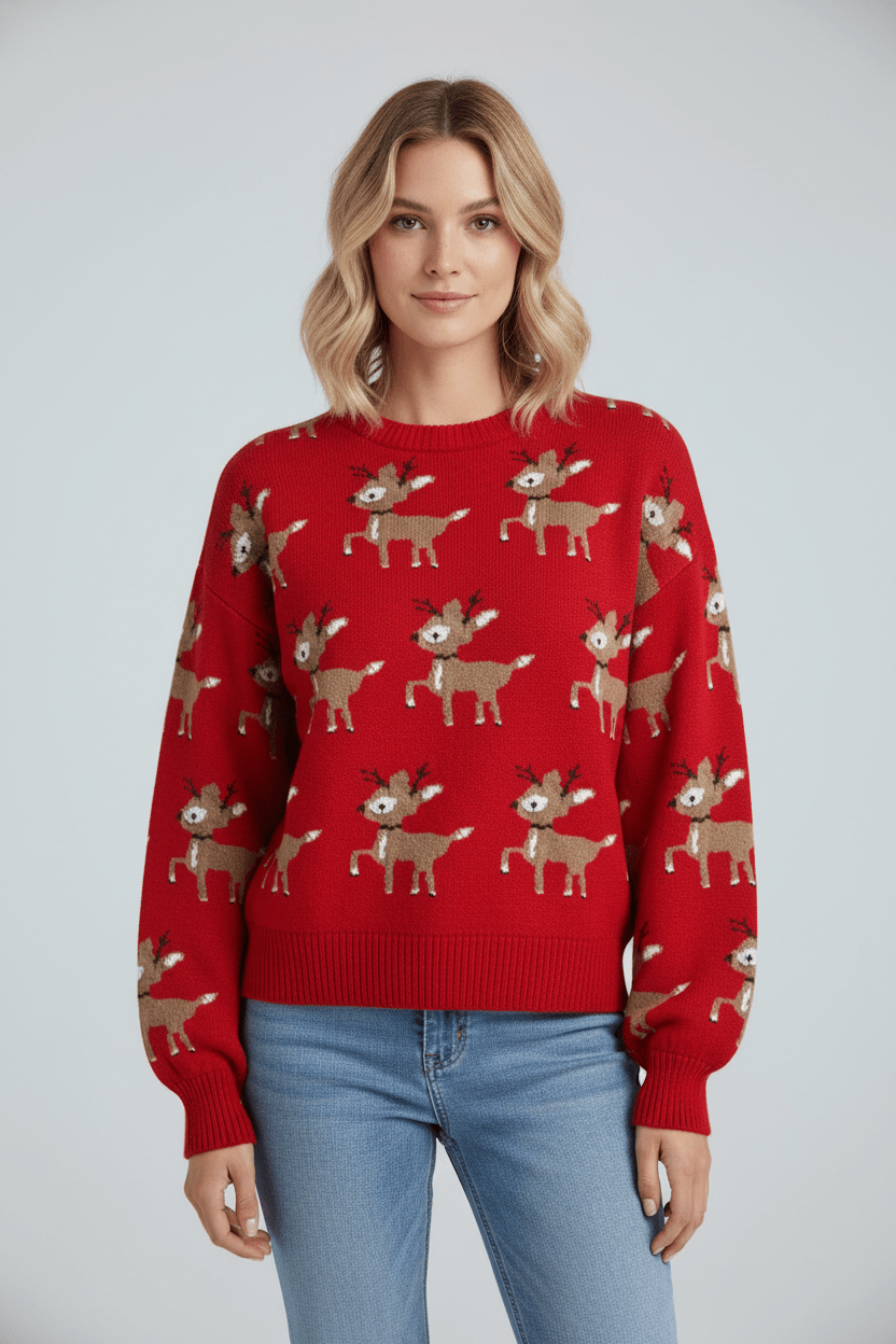 Oversized-Strickpullover für Damen mit Jacquardmuster und Hirschmotiv 0