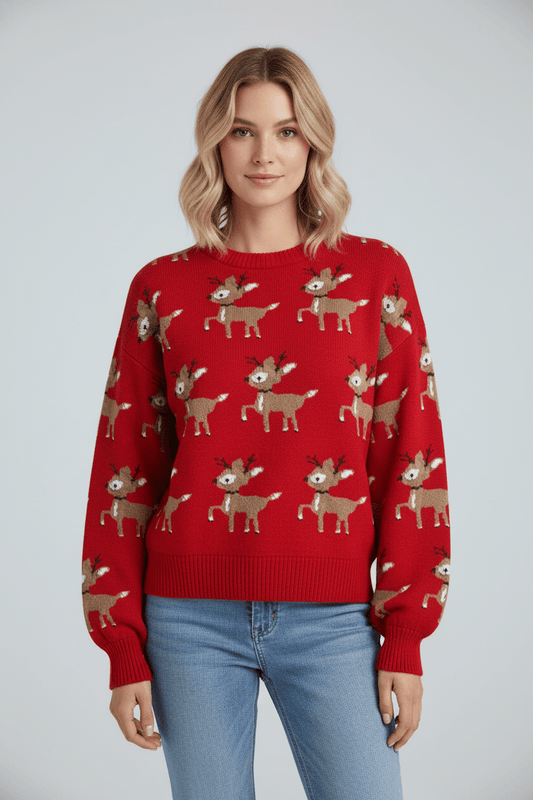 Oversized-Strickpullover für Damen mit Jacquardmuster und Hirschmotiv 0