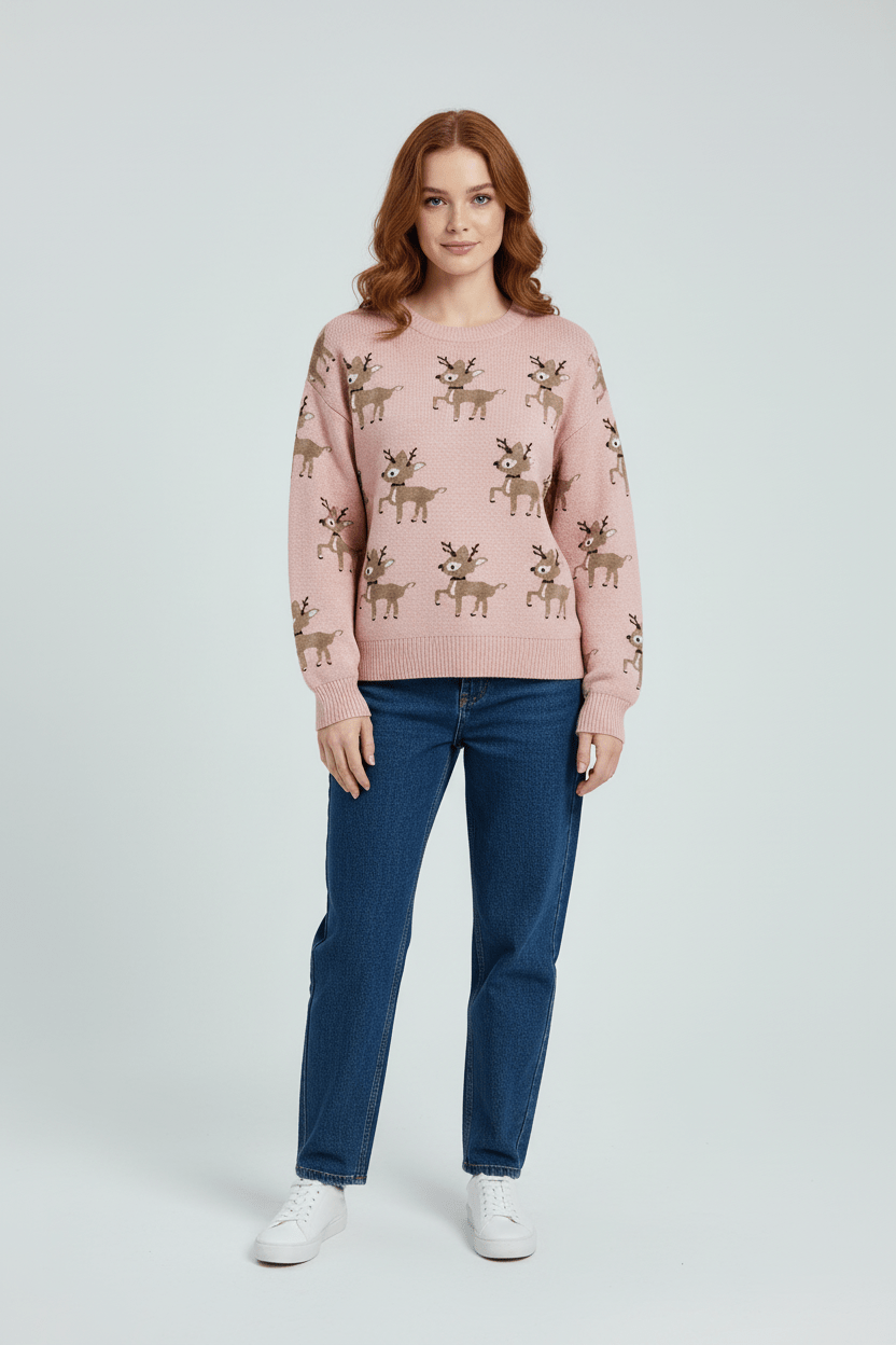 Oversized-Strickpullover für Damen mit Jacquardmuster und Hirschmotiv 1