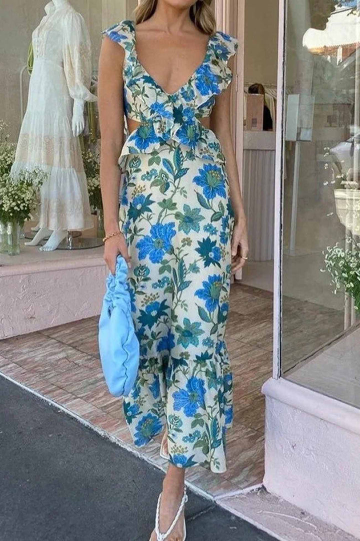 Abito lungo da donna | Design floreale e spalline arricciate | Stile estivo elegante