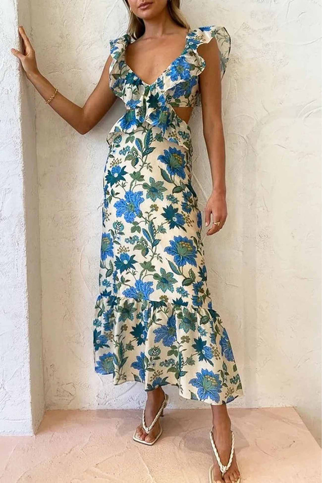 Abito lungo da donna | Design floreale e spalline arricciate | Stile estivo elegante