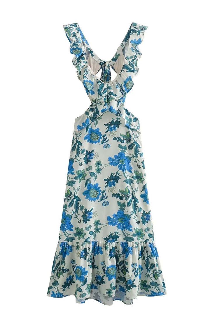 Abito lungo da donna | Design floreale e spalline arricciate | Stile estivo elegante