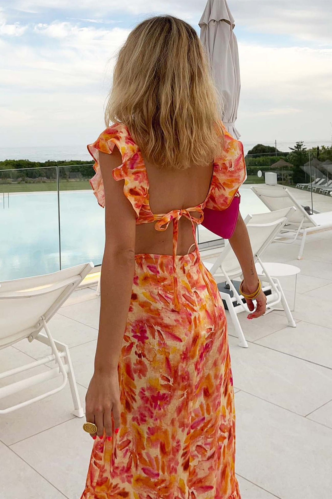 Abito lungo da donna | Design floreale e spalline arricciate | Stile estivo elegante