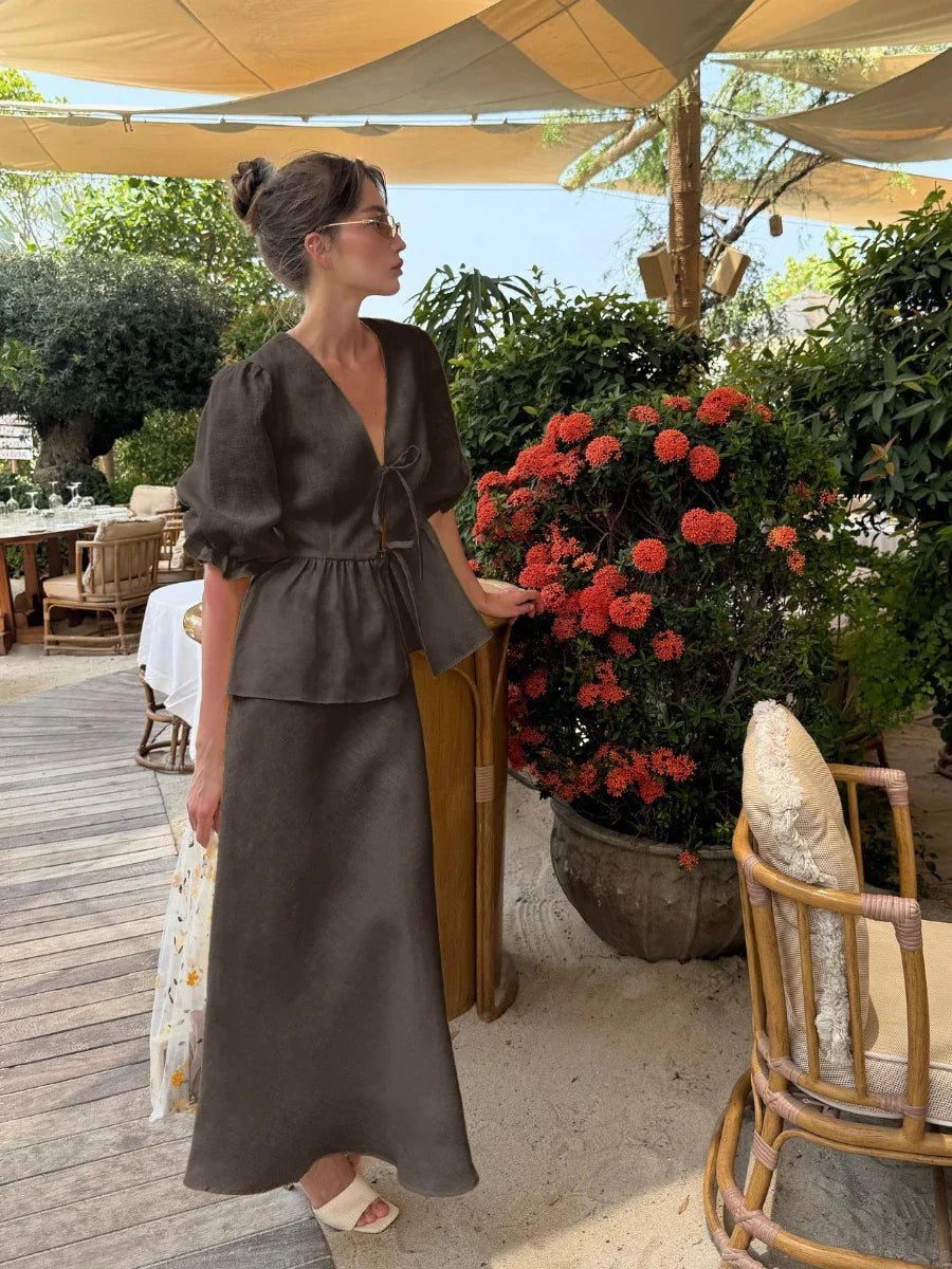 Damski zestaw dwuczęściowy | Regular Fit | Top peplum i maxi spódnica | Elegancki letni styl