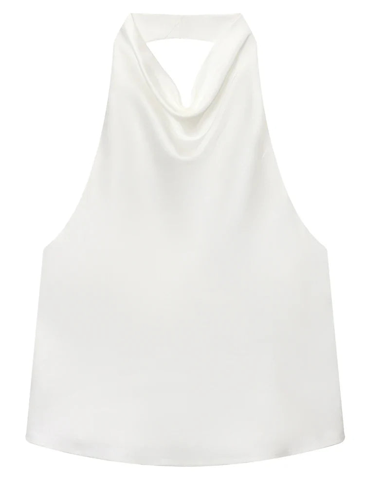Damski top halter z drapowanym dekoltem bez rękawów | Halter