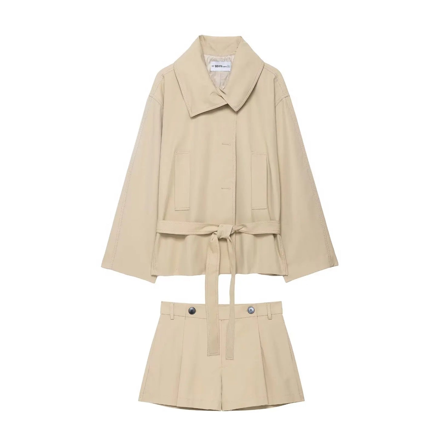 Women's Oversized Belt Envelope Jacket and Shorts Two-Piece Set | Long Sleeve