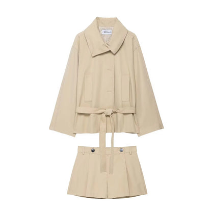 Women's Oversized Belt Envelope Jacket and Shorts Two-Piece Set | Long Sleeve