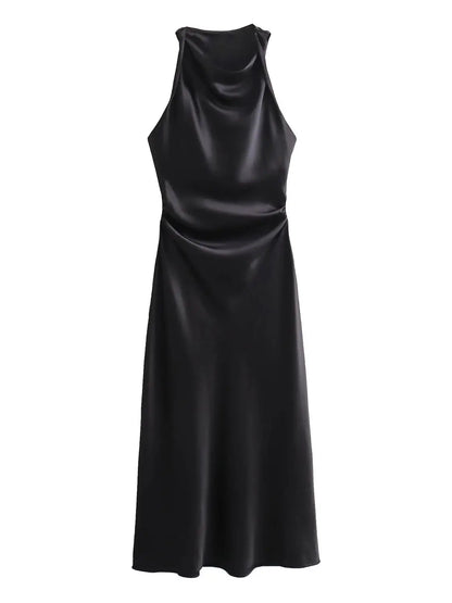 Rochie damă fără mâneci, cu guler rotund și talie drapată | Midi
