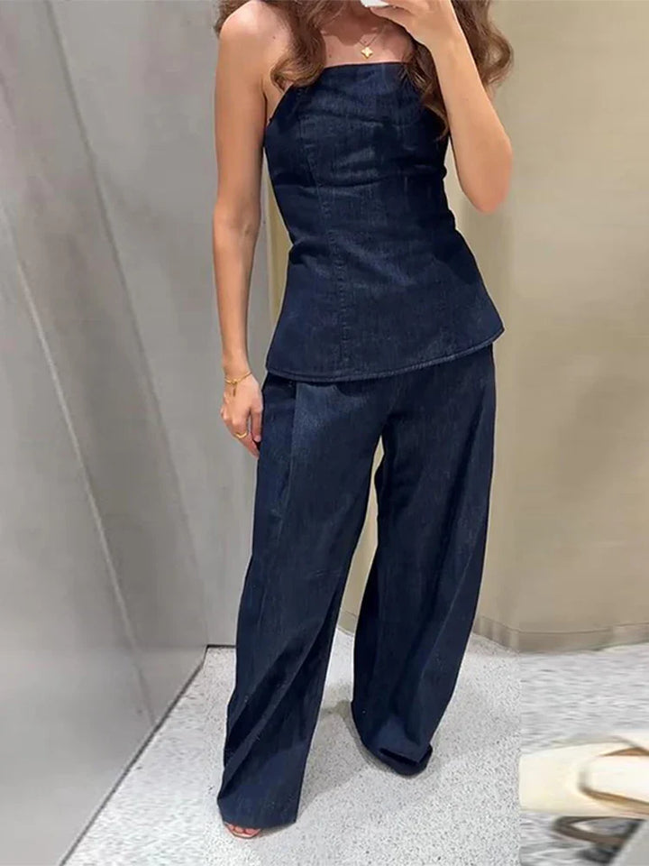 Damski zestaw dwuczęściowy | Regular Fit | Top bandeau z baskinką i szerokie spodnie | Nowoczesny minimalistyczny styl
