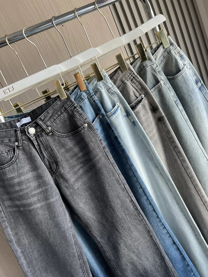 Damskie spodnie z wysokim stanem i szeroką nogawką, casual | prosty krój
