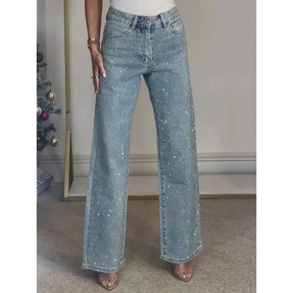 Pantaloni damă cu talie înaltă, croială evazată, cu cristale