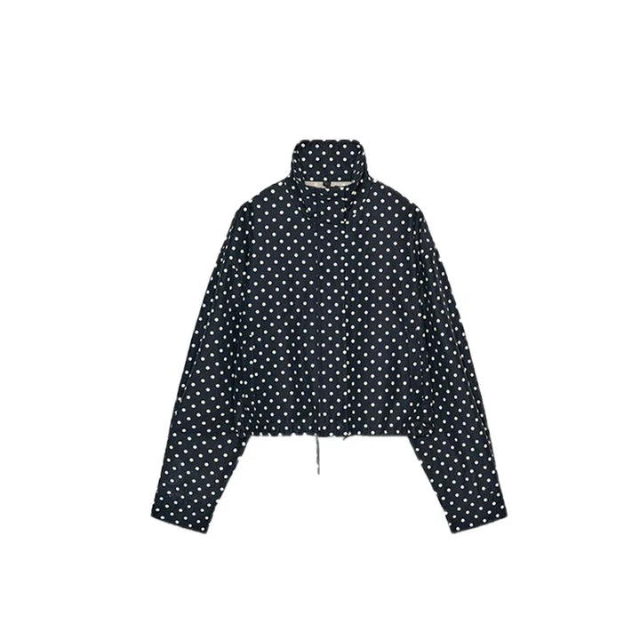 Set damă două piese cu bluză cu mâneci lungi cu buline și pantaloni scurți | Guler înalt
