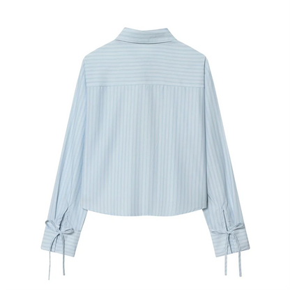 Damen Langarm Schnürung Vorne Schleife Kragen Crop Shirt | Casual
