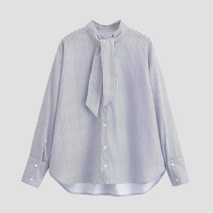 Damska koszula z długim rękawem, guziki z przodu, wiązanie w kokardę, pionowe paski | Paski