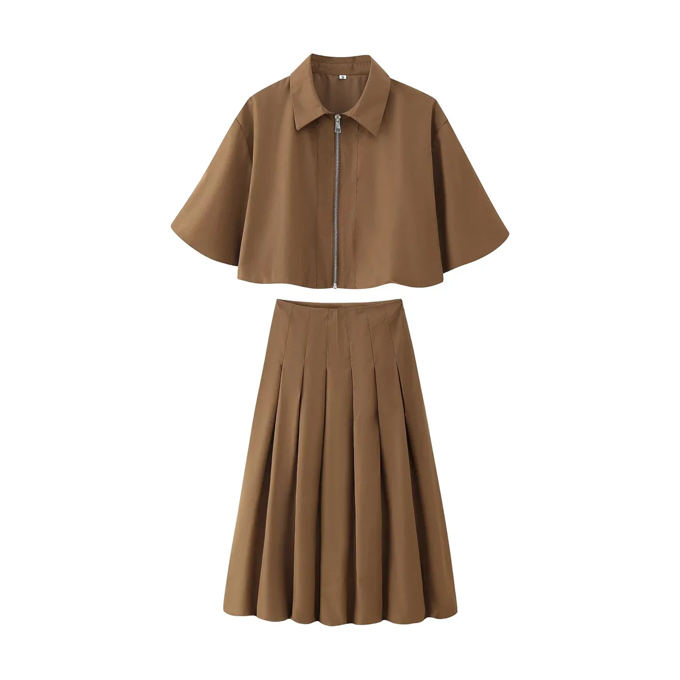 Women's Short Zip Jacket and Pleated Midi Skirt Two-Piece Set | Batwing Sleeve
