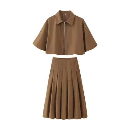 Women's Short Zip Jacket and Pleated Midi Skirt Two-Piece Set | Batwing Sleeve