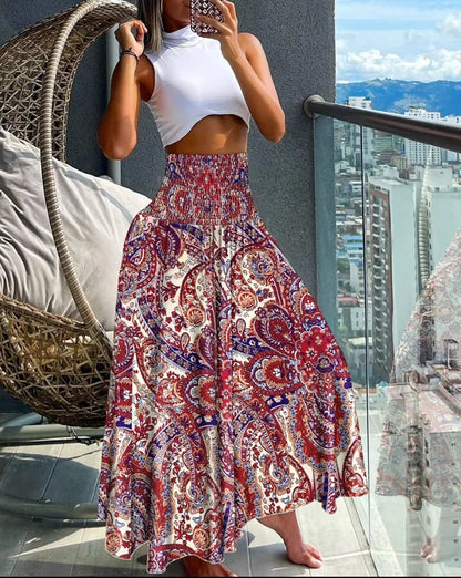 Jupe maxi taille haute pour femme | Motif tropical