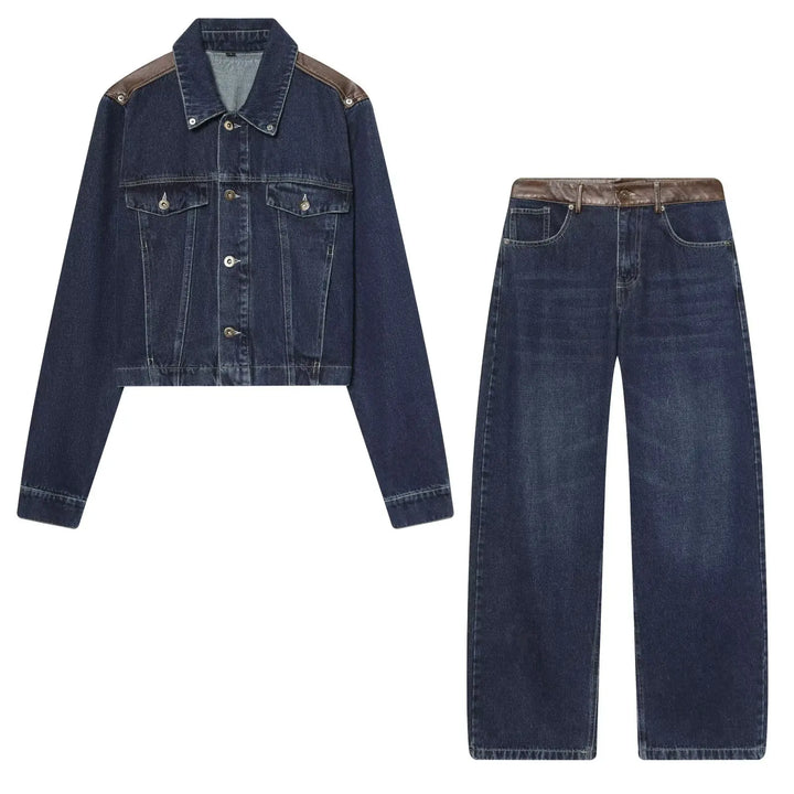 Set damă două piese | Set croială regulară | Jachetă scurtă și blugi largi | Stil modern streetwear