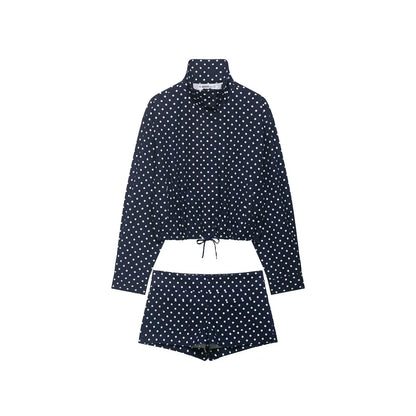 Women's two-piece set with long-sleeve top with polka dots and shorts | High collar