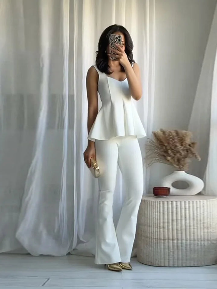 Top damă fără mâneci cu bască și pantaloni largi, set două piese | Stil lejer