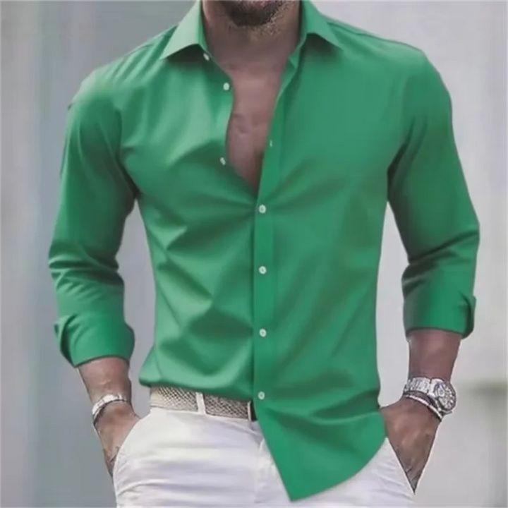 Herren Slim Fit Langarm Hemd mit Knopfleiste einfEarbig | Formal