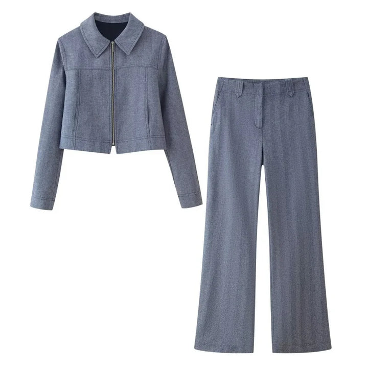 Set pantaloni damă | 2 piese cu jachetă cu fermoar | Talie înaltă și croială largă | Look elegant casual