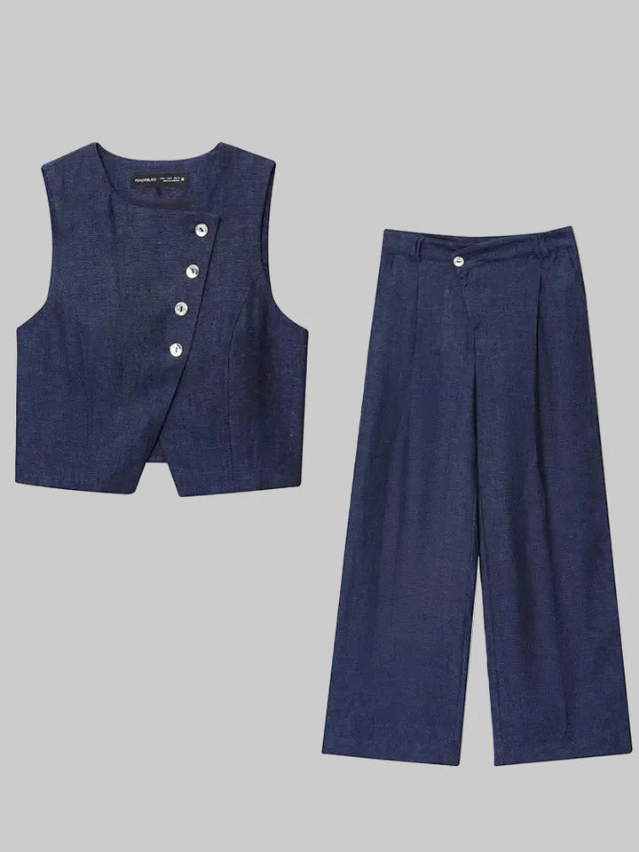 Set pantaloni damă | Ținută în două piese cu vestă cu nasturi | Picior larg | Look elegant casual