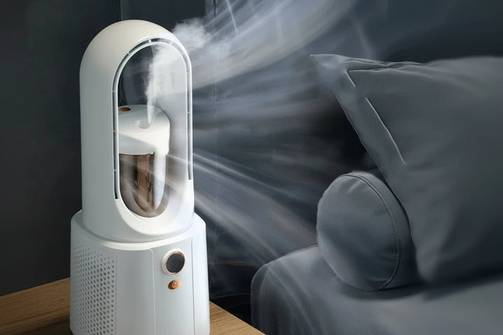 Přenosný USB vzduchový chladič | Stolní ventilátor s funkcí rozprašování | LED noční světlo | Tichý ventilátor do ložnice