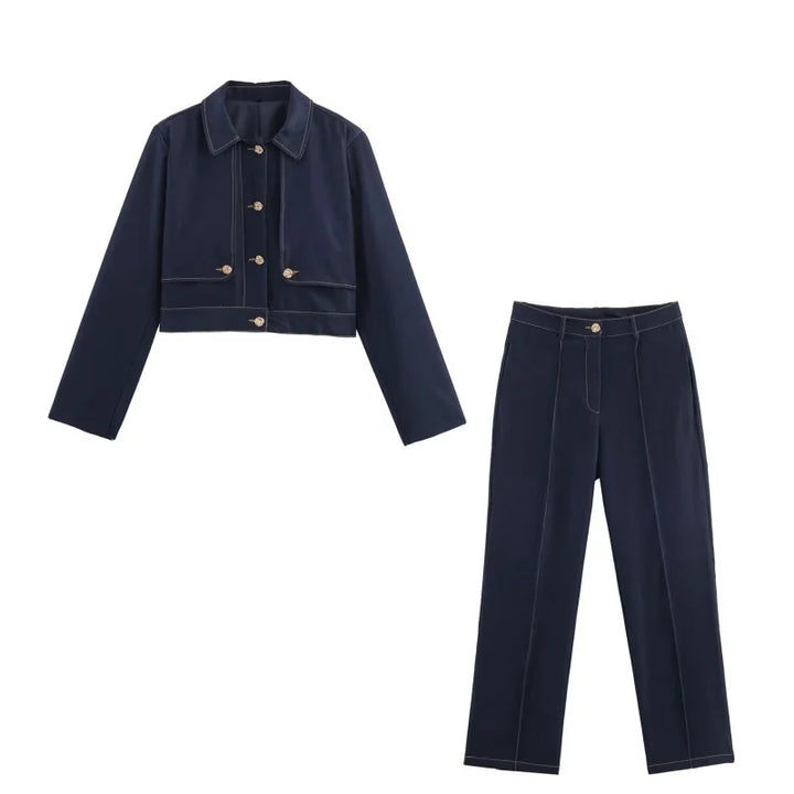 Zestaw damskich spodni | Dwuczęściowy strój z marynarką na guziki | Strukturalna sylwetka | Elegancki, casualowy look